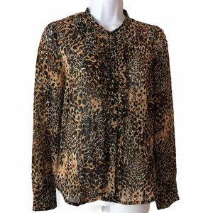 Zara Basic Leopard Print Ruffle Pin Tuck Blouse S